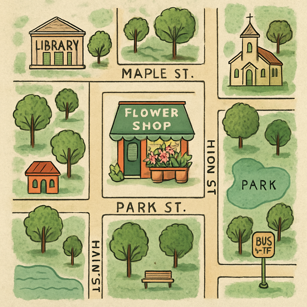 A map showing the location of the flower shop