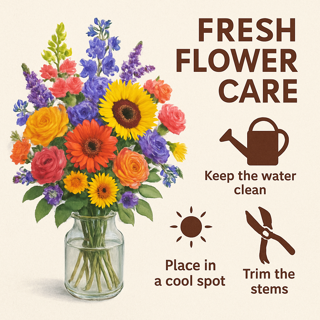 A bouquet of fresh flowers with care instructions