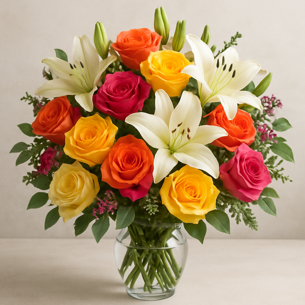 Beautiful bouquet of roses and lilies