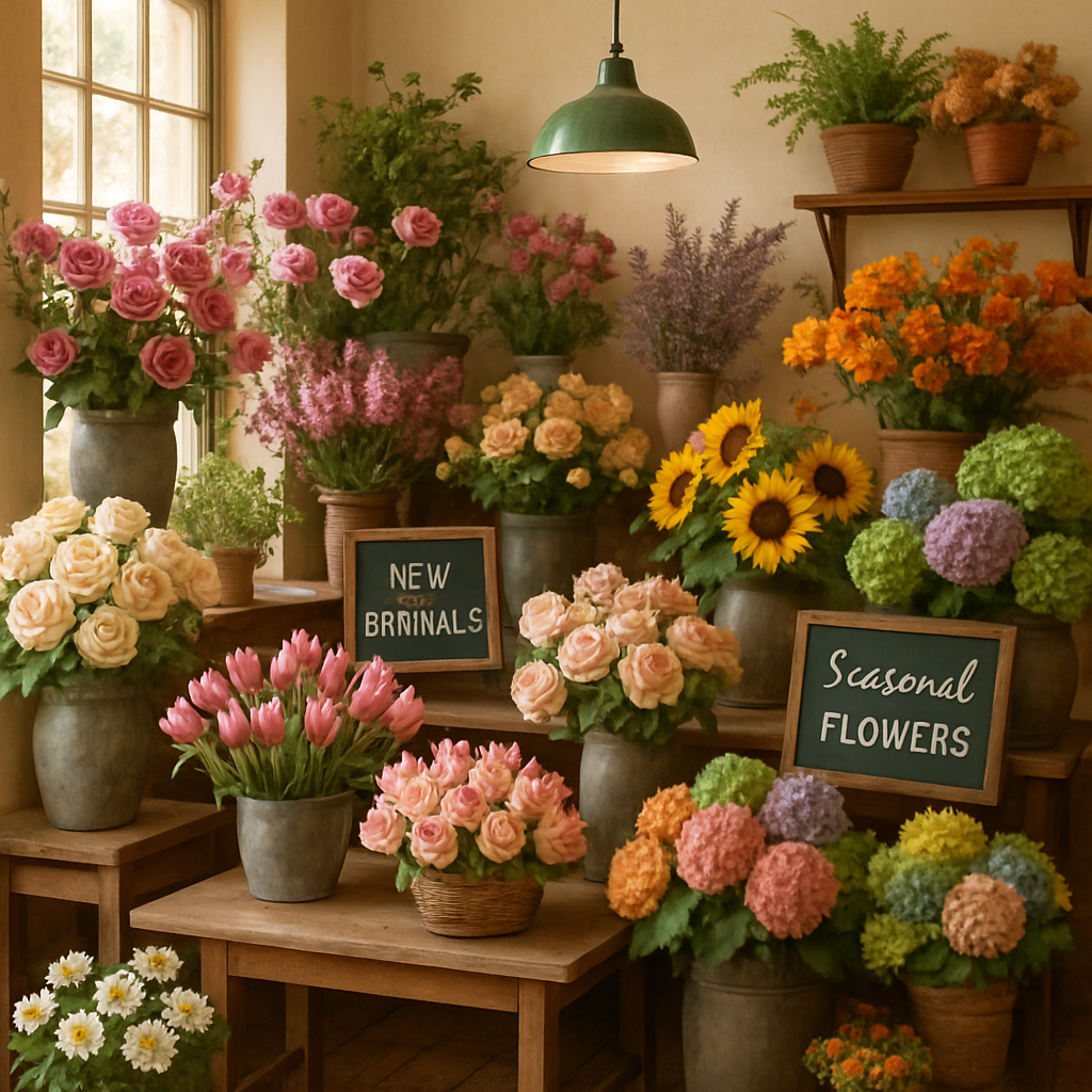 Inside view of the flower shop with fresh blooms